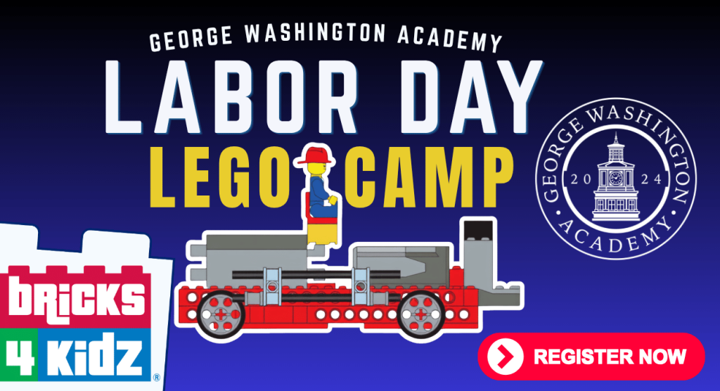 A promotional graphic for a George Washington Academy Labor Day Lego camp in Williamson County, Tennessee.