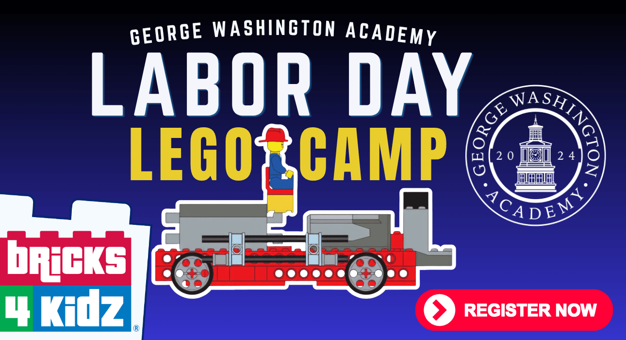 A promotional graphic for a George Washington Academy Labor Day Lego camp in Williamson County, Tennessee.