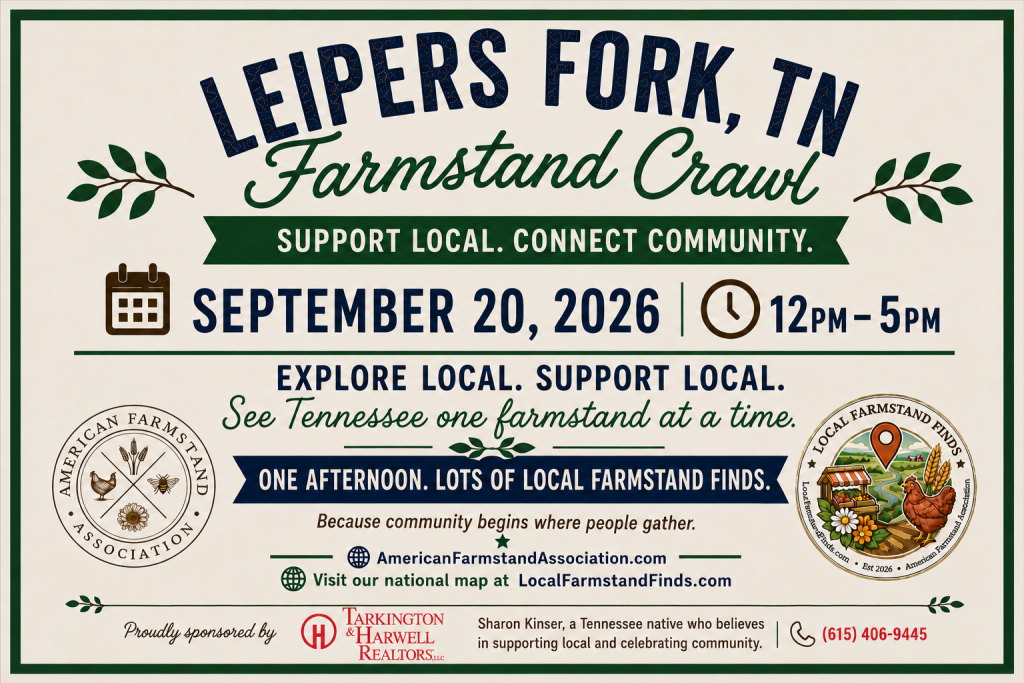Events A promotional flyer for the Leipers Fork, TN Farmstand Crawl on September 20, 2026 in Williamson County, Tennessee.