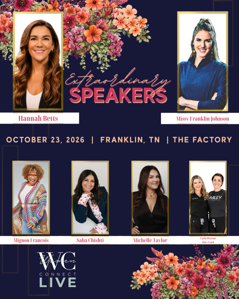 Events A promotional flyer for an event featuring six female speakers with floral decorations in Williamson County, Tennessee.