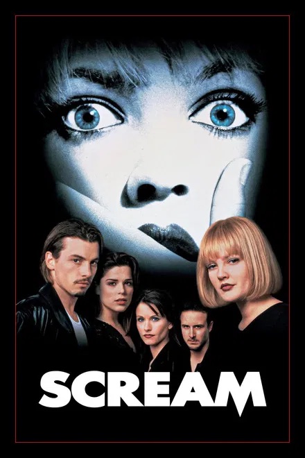 The movie poster for Scream featuring the cast and a large, intense face in Williamson County, Tennessee.
