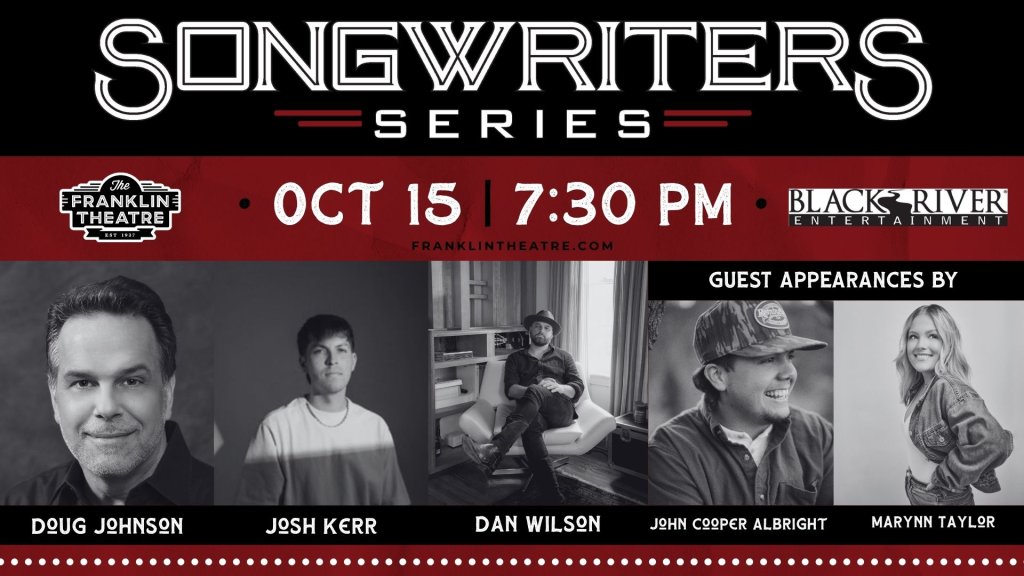 Events A promotional poster for a Songwriters Series event featuring five musical artists in Williamson County, Tennessee.