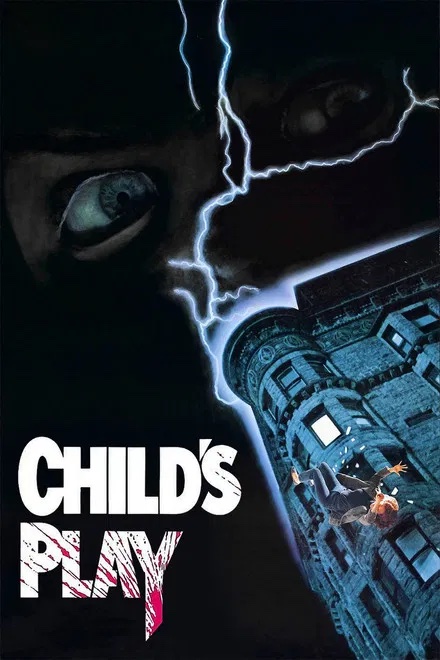 A movie poster for Child's Play featuring a falling person and a giant eye in Williamson County, Tennessee.