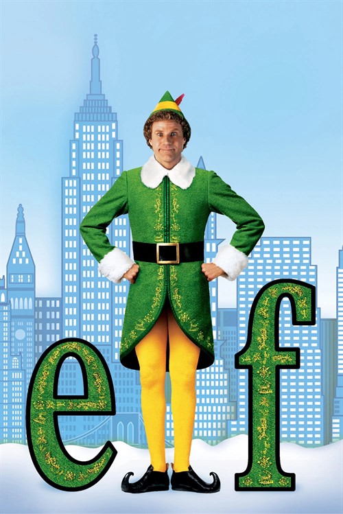 Will Ferrell dressed as Buddy the Elf standing in front of a city skyline in Williamson County, Tennessee.
