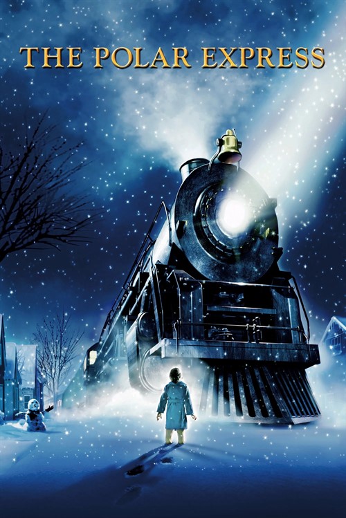 A child stands before a large, glowing steam train in a snowy winter landscape in Williamson County, Tennessee.