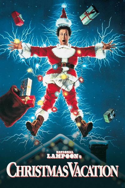 Chevy Chase as Clark Griswold electrocuted while wearing a Santa suit on a movie poster in Williamson County, Tennessee.