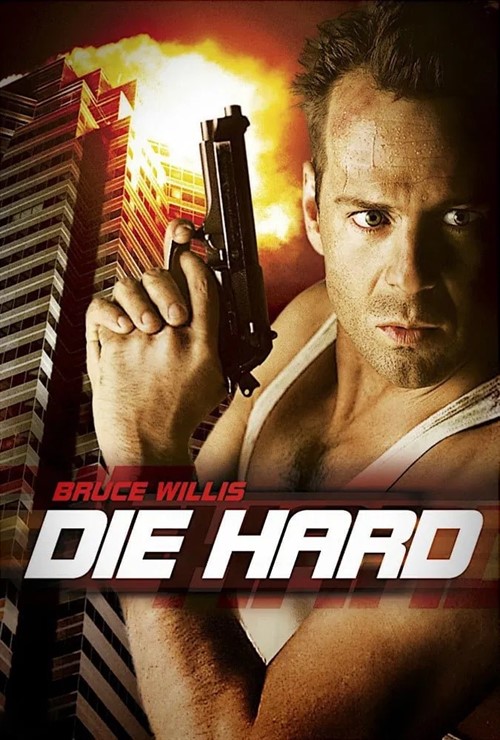 Bruce Willis holding a handgun in front of a burning skyscraper in Die Hard in Williamson County, Tennessee.