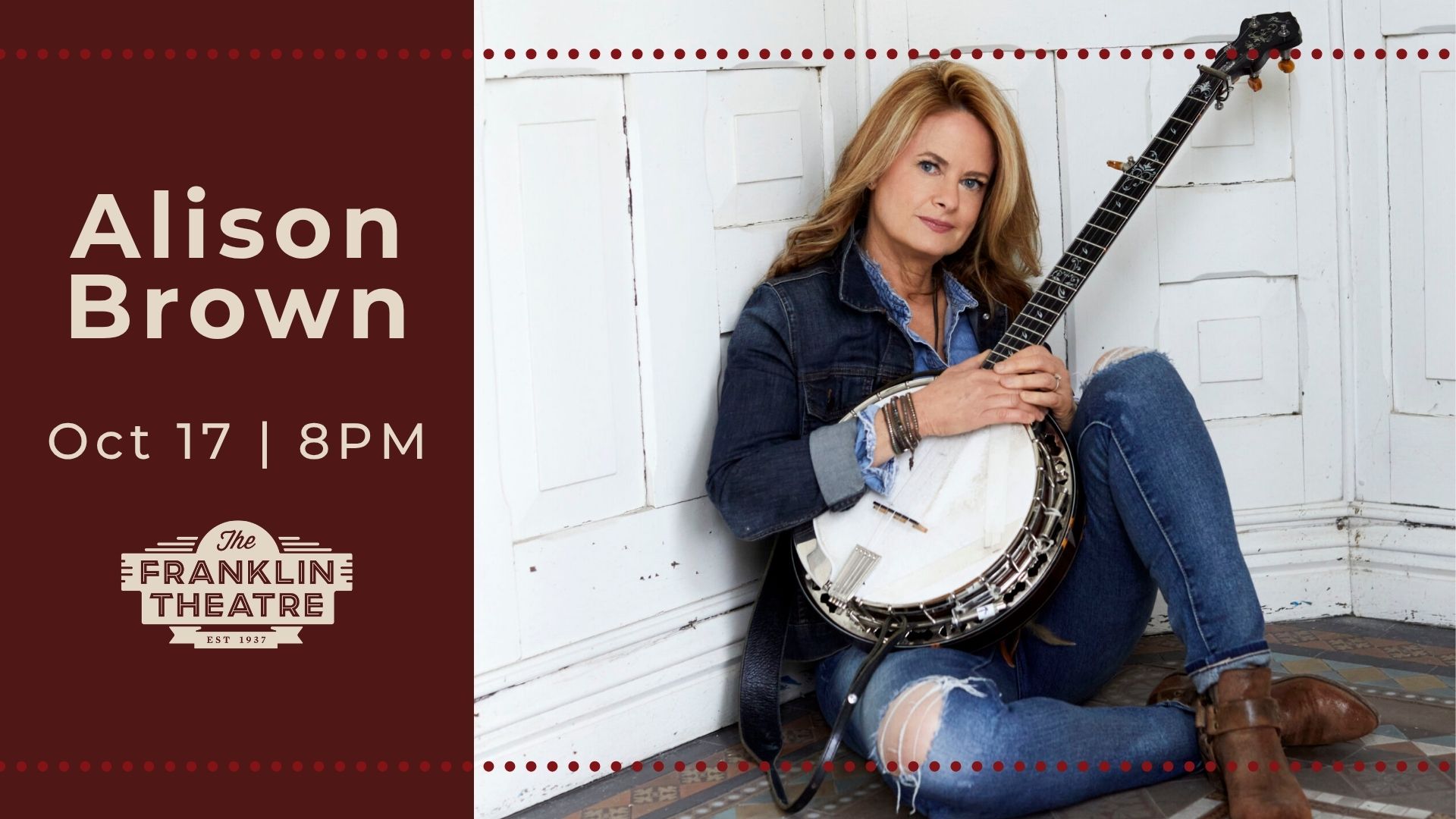 Musician Alison Brown holding a banjo in a promotional poster for The Franklin Theatre in Williamson County, Tennessee.