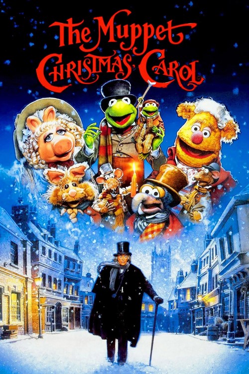 The Muppet Christmas Carol movie poster featuring Muppets and Ebenezer Scrooge in a snowy street in Williamson County, Tennessee.