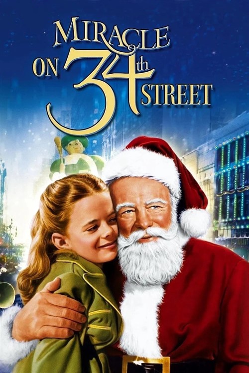 A young girl hugs Santa Claus in this movie poster for Miracle on 34th Street in Williamson County, Tennessee.