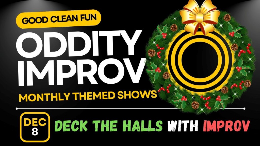 A promotional graphic for an Oddity Improv Christmas-themed comedy show on December 8th in Williamson County, Tennessee.