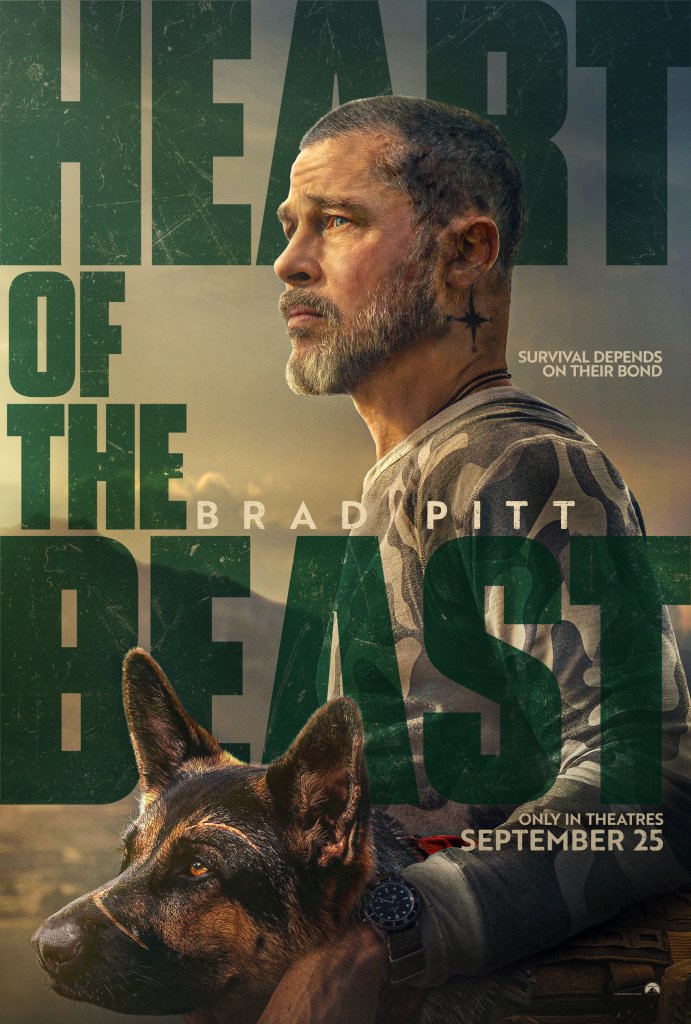 A movie poster featuring Brad Pitt with a German Shepherd dog in Williamson County, Tennessee.