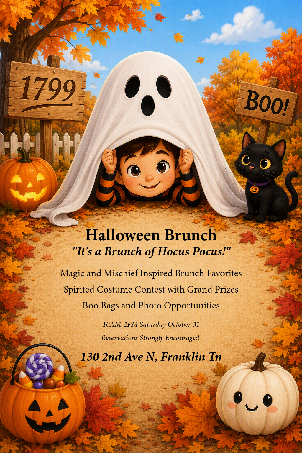 Halloween Brunch A child in a ghost costume with a black cat for a Halloween brunch flyer in Williamson County, Tennessee.