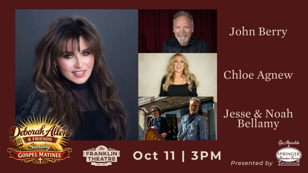 A promotional poster for a gospel matinee concert featuring Deborah Allen and other musicians in Williamson County, Tennessee.