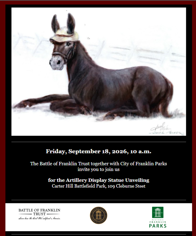 An invitation for an artillery display statue unveiling featuring a drawing of a mule in Williamson County, Tennessee.