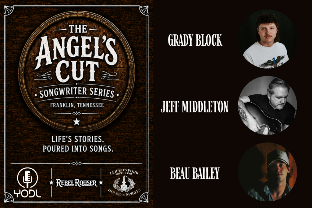 Promotional poster for The Angel's Cut songwriter series featuring three musicians in Williamson County, Tennessee.
