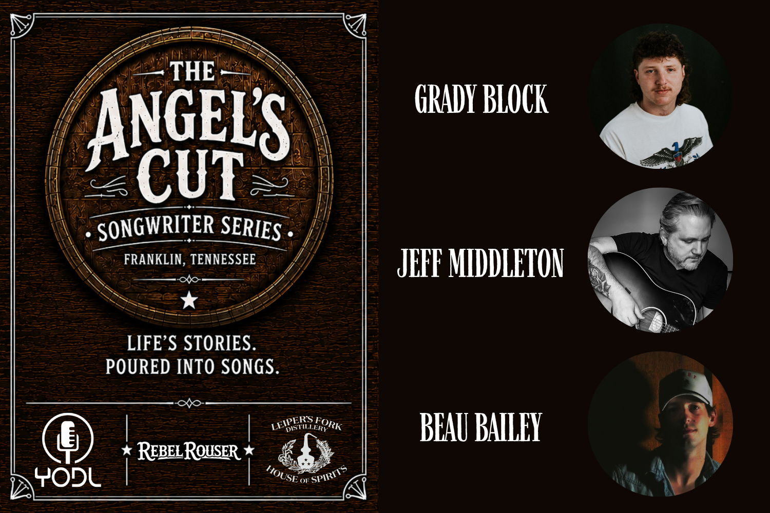 Promotional poster for The Angel's Cut songwriter series featuring three musicians in Williamson County, Tennessee.
