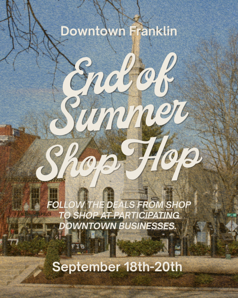 A promotional poster for a Downtown Franklin End of Summer Shop Hop event in Williamson County, Tennessee.