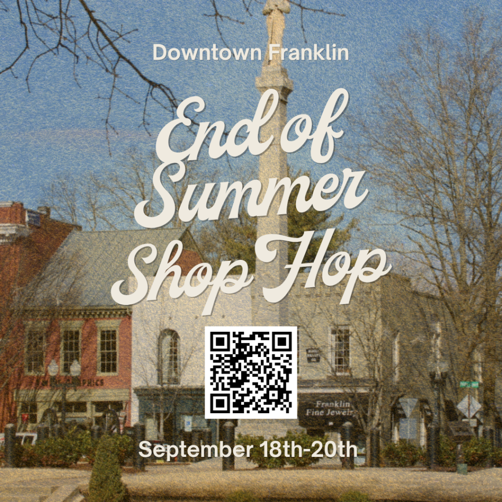 A promotional flyer for a Downtown Franklin End of Summer Shop Hop event in Williamson County, Tennessee.
