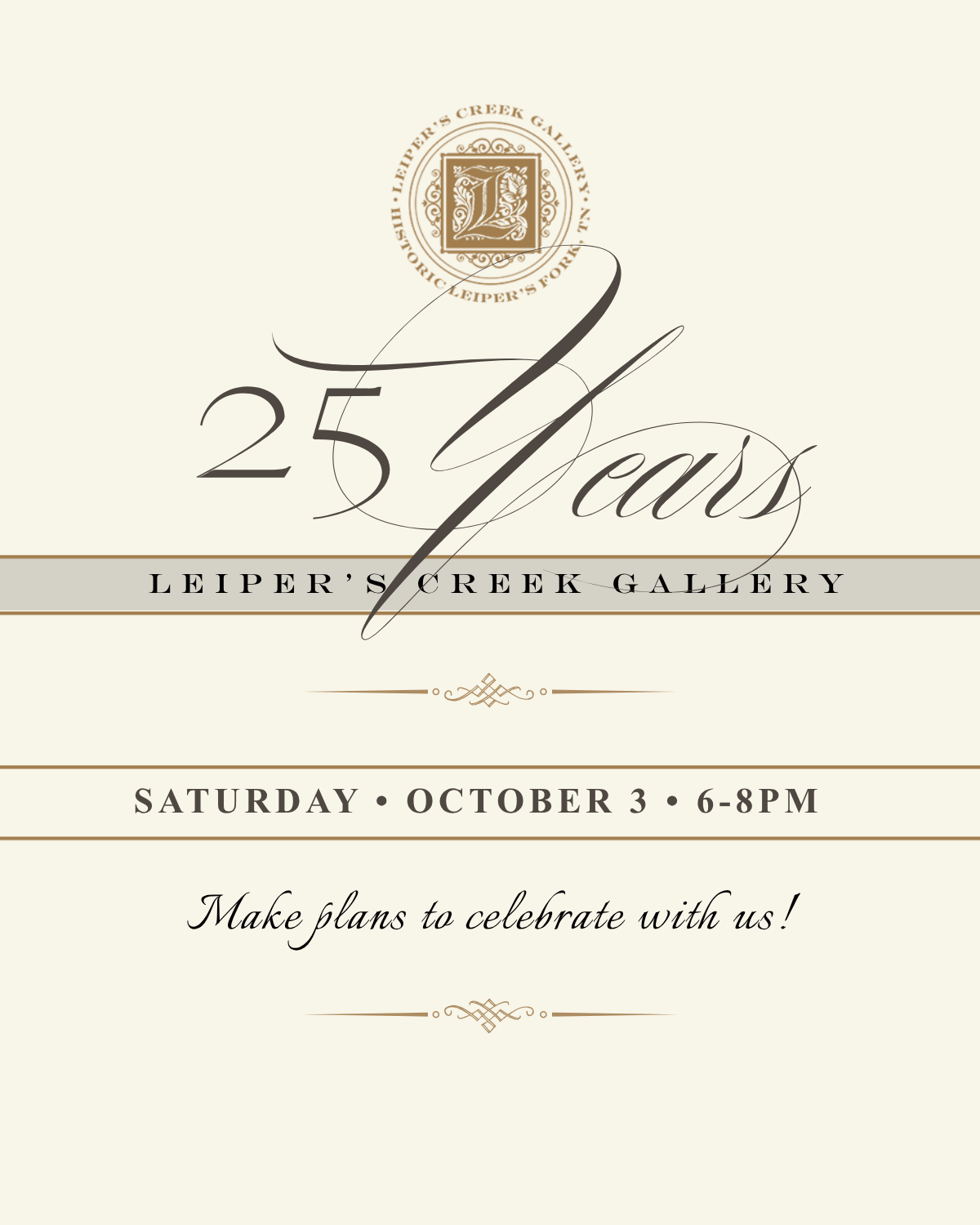 An elegant invitation for the 25th anniversary celebration of Leiper's Creek Gallery in Williamson County, Tennessee.