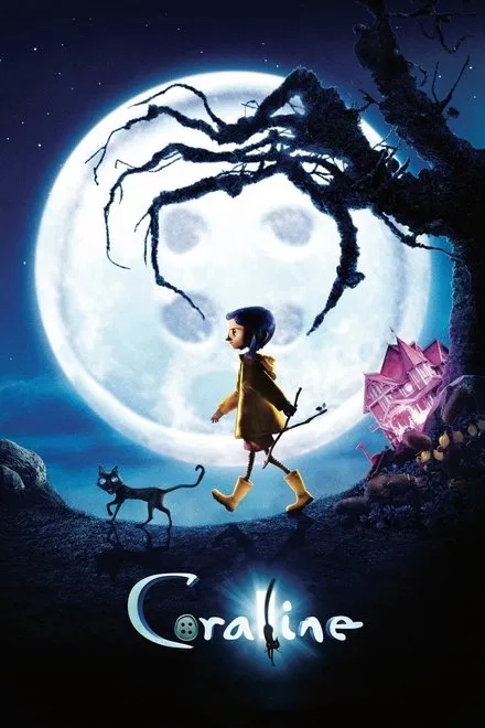 Coraline walking with a black cat in front of a large full moon in Williamson County, Tennessee.