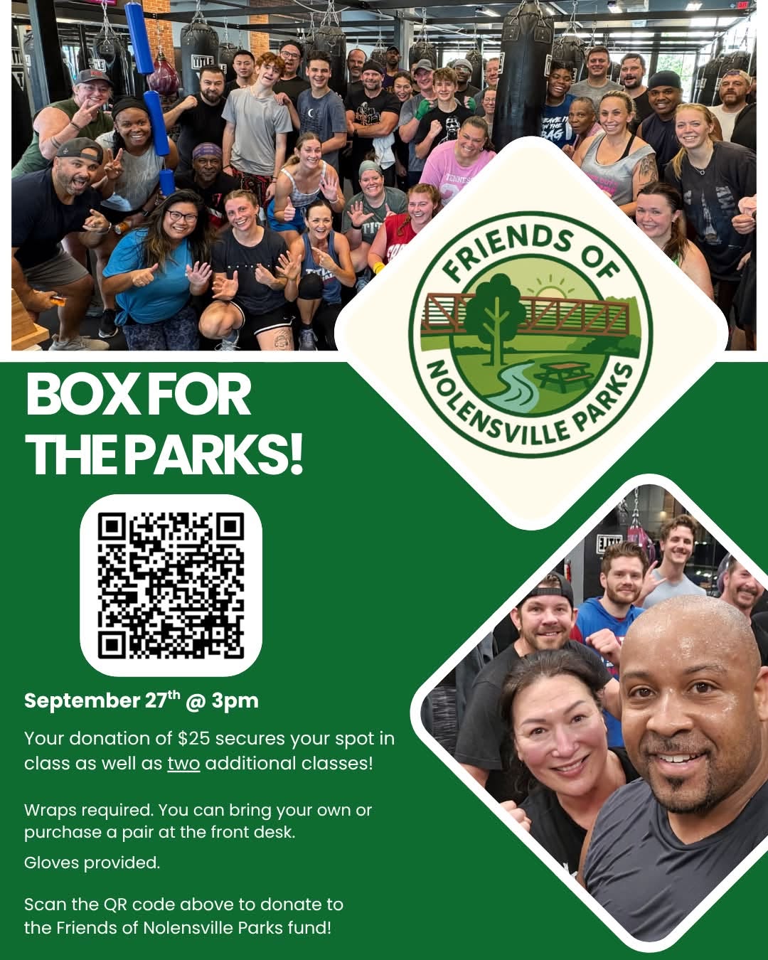 Box for the Parks A flyer promoting a charity boxing class fundraiser for Friends of Nolensville Parks in Williamson County, Tennessee.