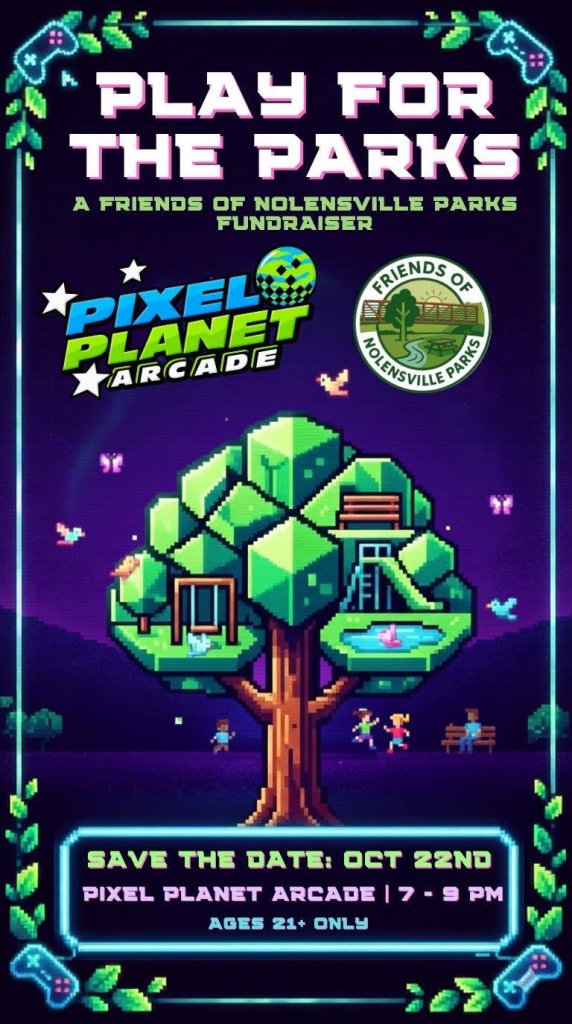 A pixel art poster for a Play for the Parks fundraiser event in Williamson County, Tennessee.