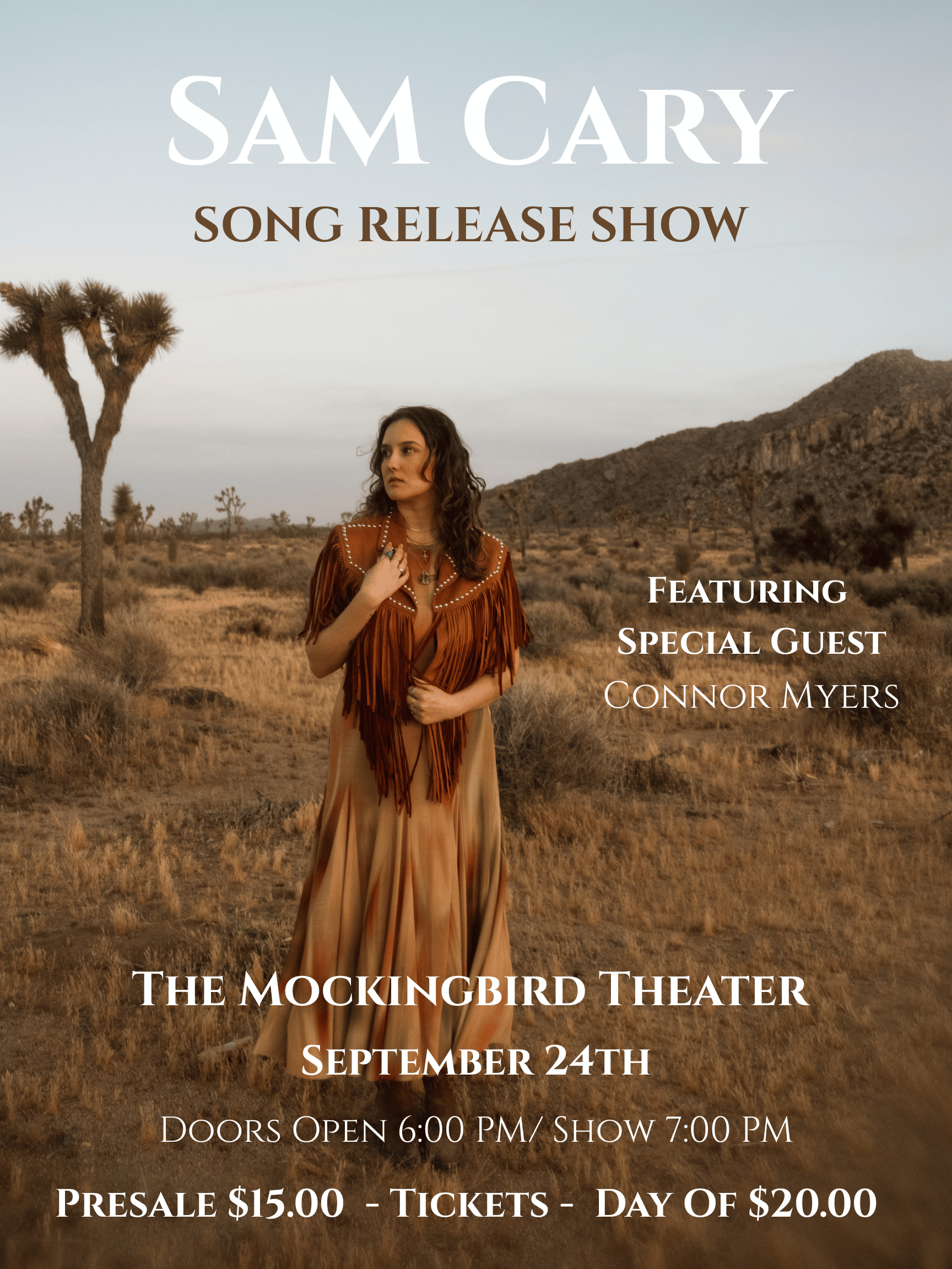 A concert poster featuring singer Sam Cary in a desert landscape in Williamson County, Tennessee.