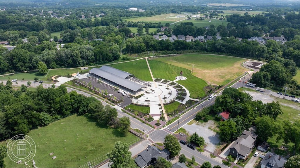 Events An aerial view of a park with a modern pavilion and circular plaza in Williamson County, Tennessee.