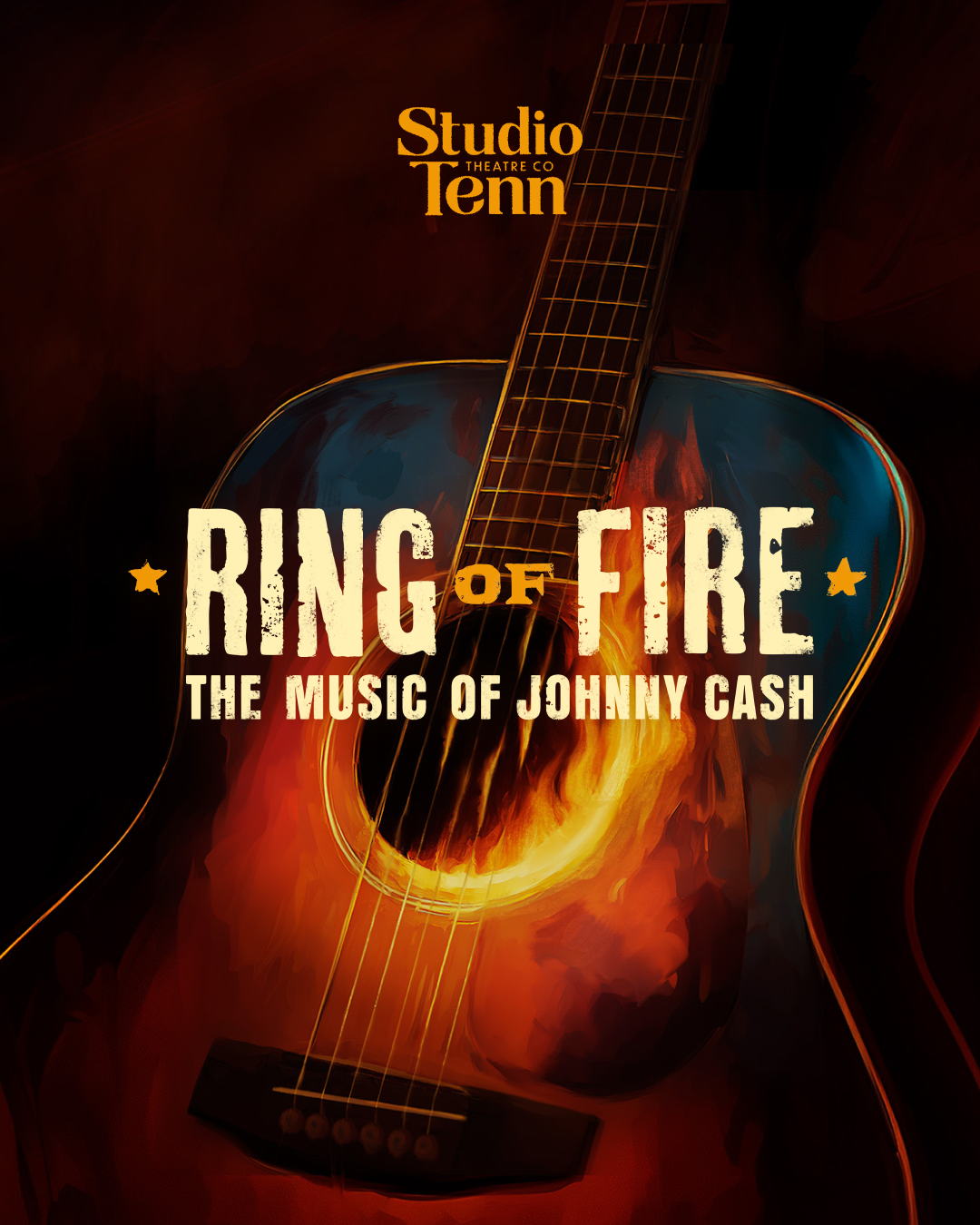 A promotional poster for a Johnny Cash musical featuring a guitar with flames inside in Williamson County, Tennessee.