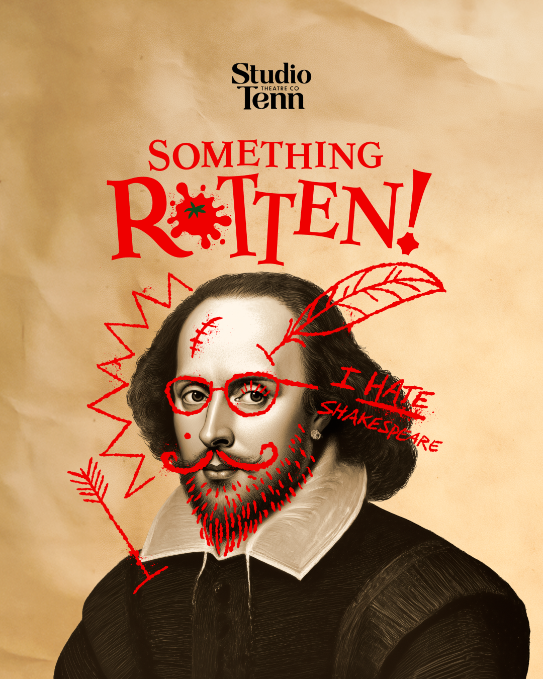 Studio Tenn: Something Rotten! A poster for Something Rotten featuring a defaced portrait of William Shakespeare in Williamson County, Tennessee.