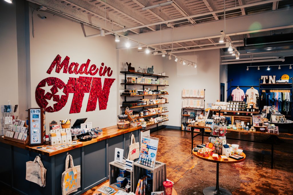 A retail shop interior featuring a large Made in TN sign on the wall in Williamson County, Tennessee.