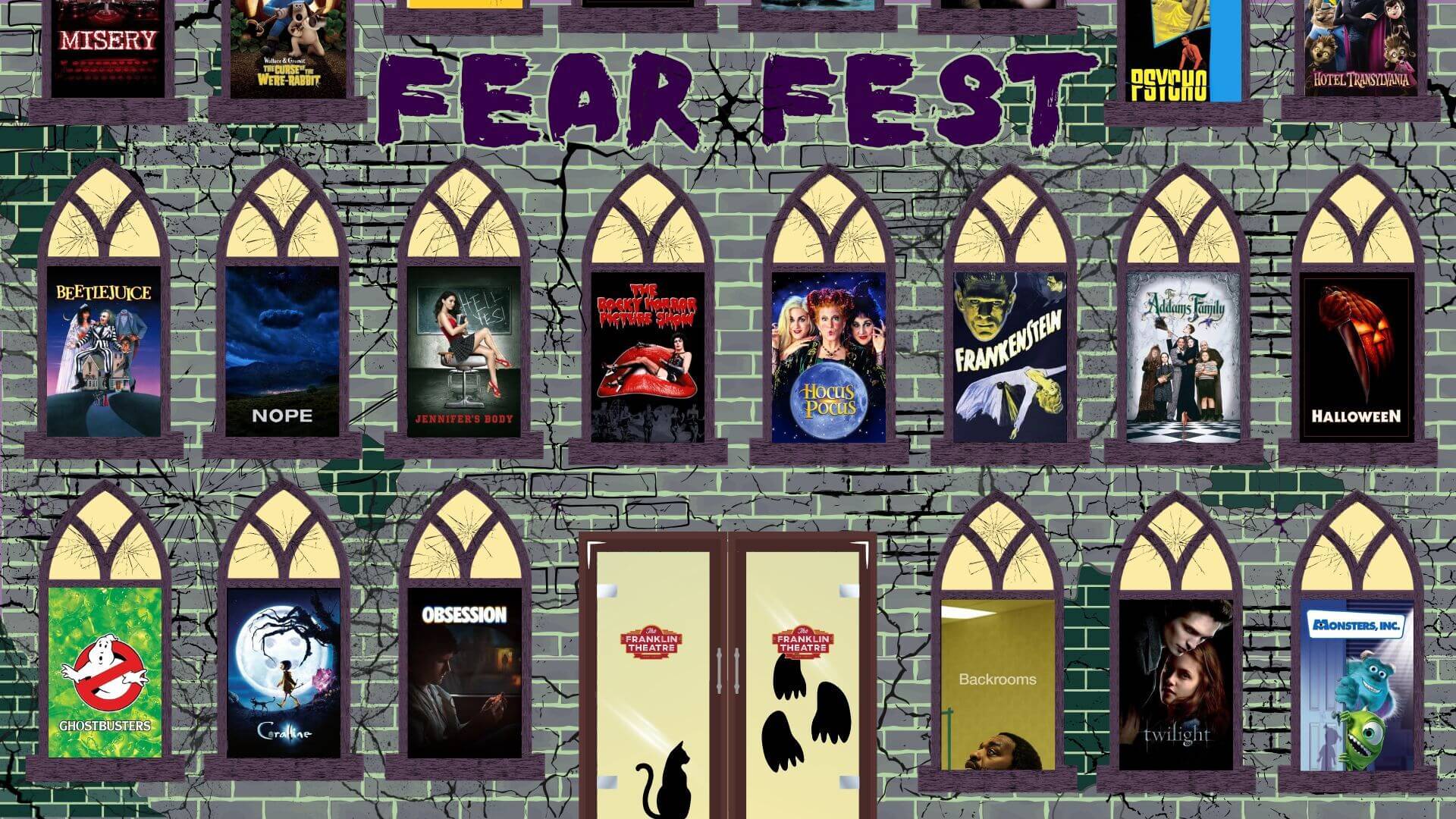 Homepage A brick wall decorated with posters of various horror and Halloween-themed movies in Williamson County, Tennessee.