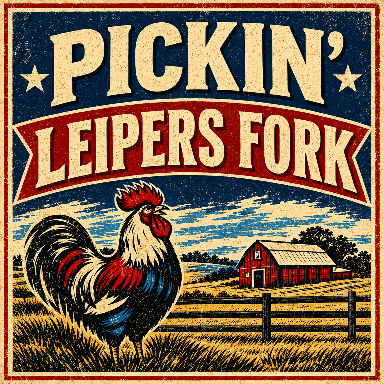 A vintage-style sign featuring a rooster in a field with a red barn in Williamson County, Tennessee.