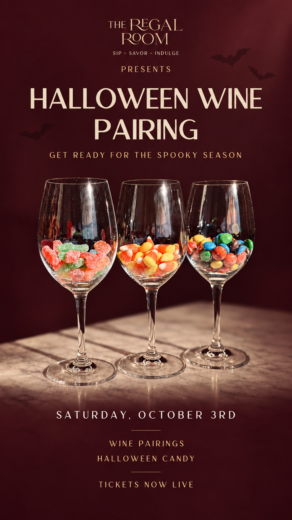 Halloween Wine Pairing A promotional poster for a Halloween wine and candy pairing event in Williamson County, Tennessee.