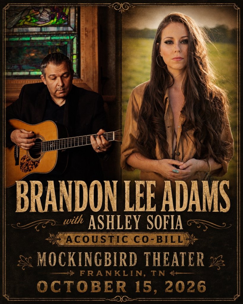 A concert poster featuring Brandon Lee Adams and Ashley Sofia at the Mockingbird Theater in Williamson County, Tennessee.