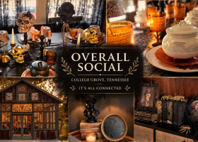 The First Haunting Halloween Dinner A collage featuring Halloween-themed table settings, decor, and a rustic building exterior in Williamson County, Tennessee.
