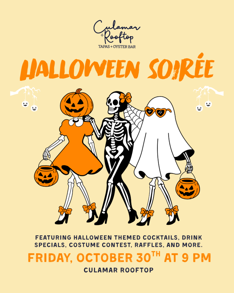 Halloween Soiree A Halloween party flyer featuring a pumpkin-headed figure, a skeleton, and a ghost in Williamson County, Tennessee.