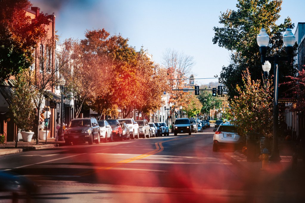 7 Delightfully Spooky Halloween Activities To Do This Season in Franklin, Tennessee A street scene in autumn with colorful trees lining a road filled with parked cars in Williamson County, Tennessee.
