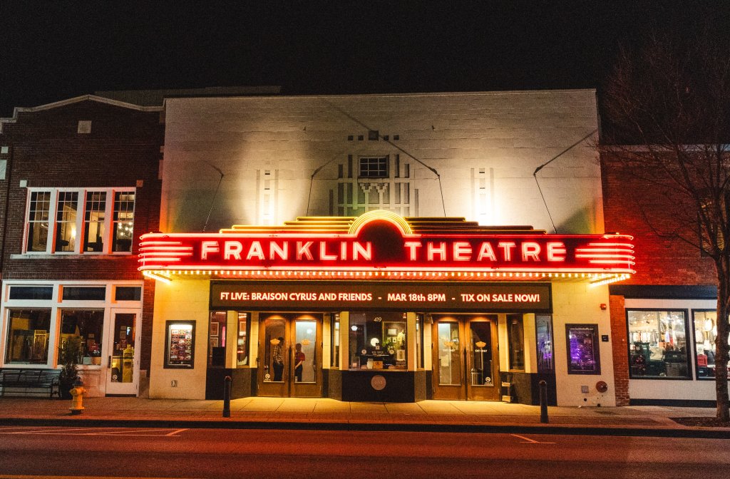 7 Delightfully Spooky Halloween Activities To Do This Season in Franklin, Tennessee The illuminated Franklin Theatre marquee glows at night on a quiet street in Williamson County, Tennessee.