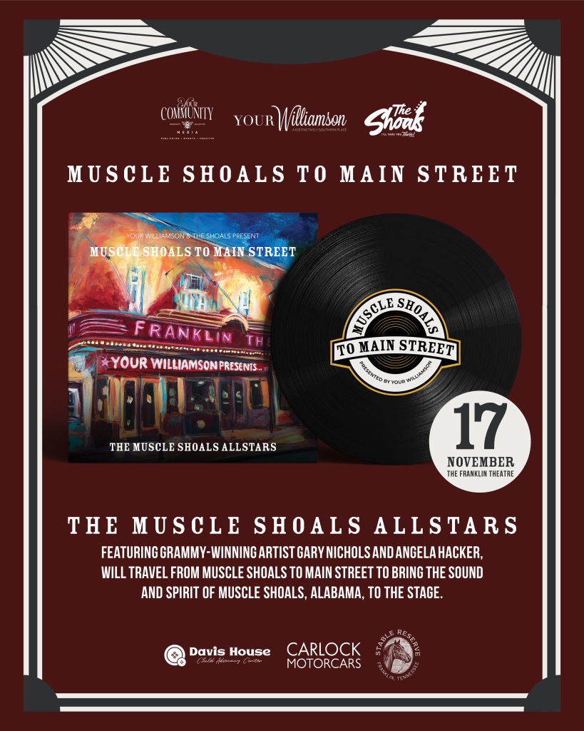 A promotional poster for a Muscle Shoals to Main Street concert event in Williamson County, Tennessee.