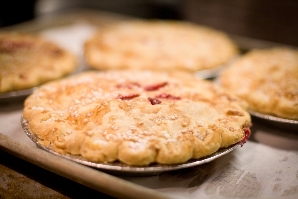 A Family Recipe, a Famous Bakery, and a Franklin Story: The Makings of Merridee's Breadbasket Several freshly baked fruit pies sitting on a baking sheet in Williamson County, Tennessee.