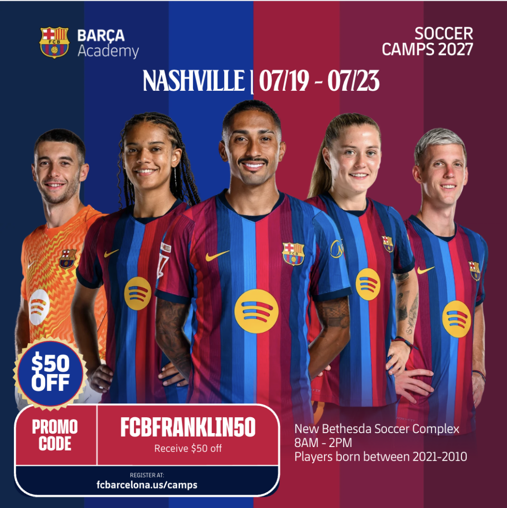 Events Promotional poster for a 2027 Barca Academy soccer camp in Nashville in Williamson County, Tennessee.