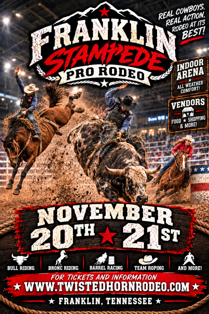 A promotional poster for the Franklin Stampede Pro Rodeo featuring bull and bronc riding in Williamson County, Tennessee.