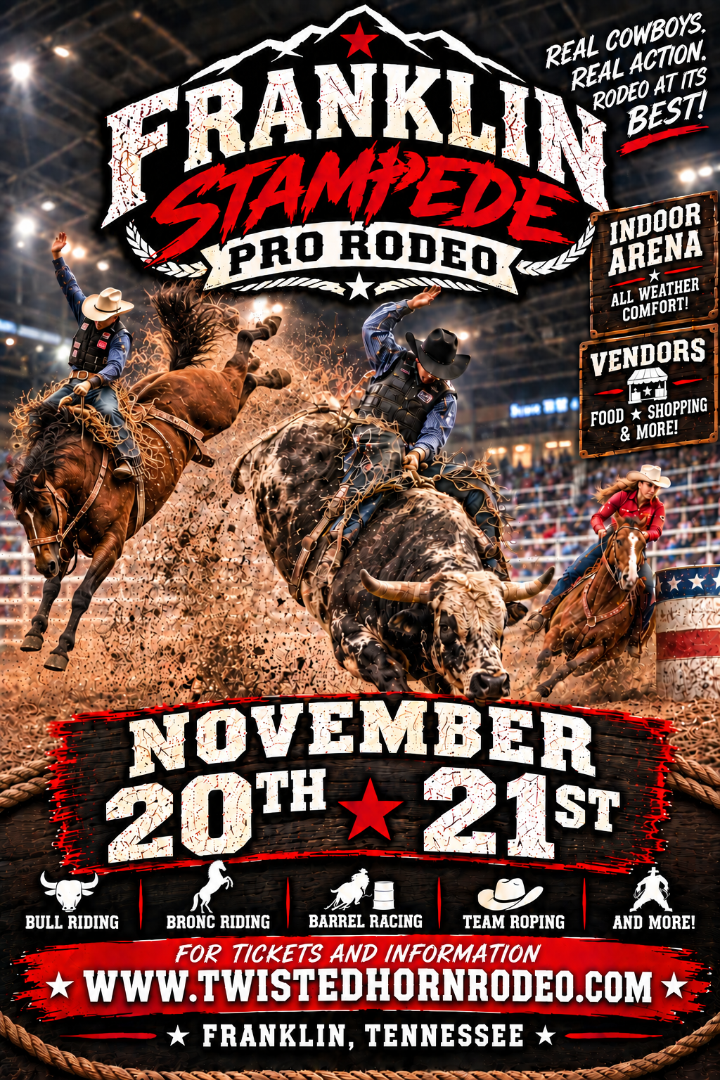 A promotional poster for the Franklin Stampede Pro Rodeo featuring bull and bronc riding in Williamson County, Tennessee.