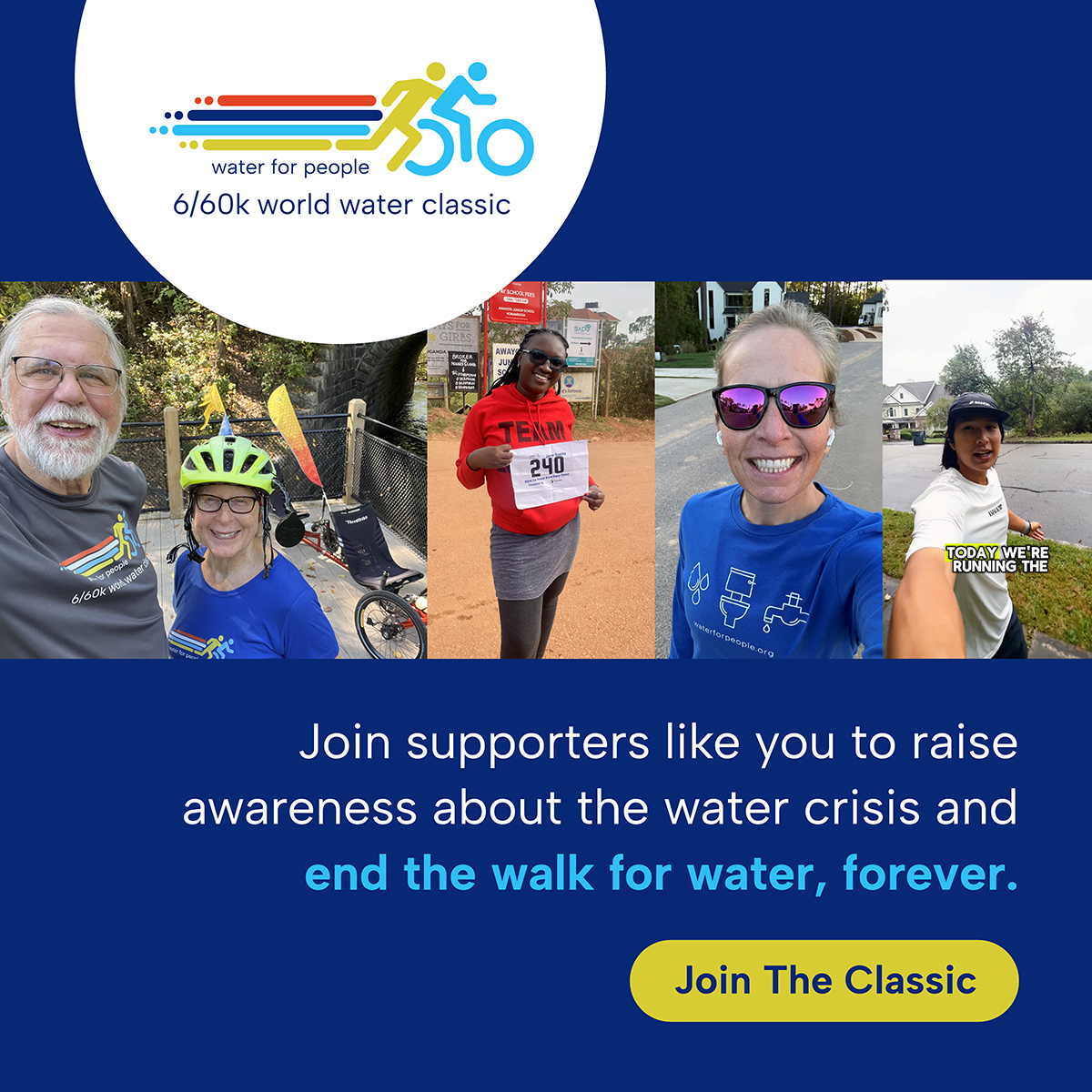Supporters participating in the World Water Classic. Text reads: "Join the World Water Classic"