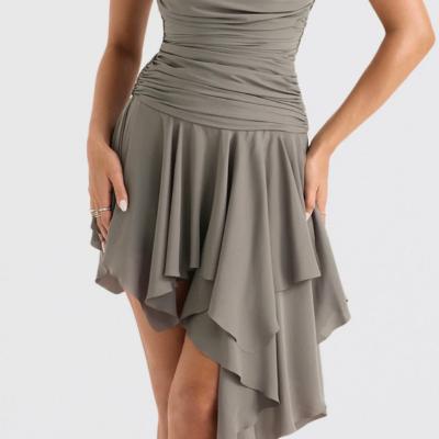 House of CB Valeria - Smoke Grey Gathered Asymmetric Mini Dress Size XS thumbnail 2