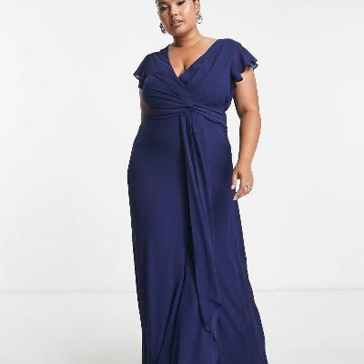 TFNC Plus Bridesmaid Flutter Sleeve Ruffle Detail Maxi Dress - Navy, Emerald, Red Size 18