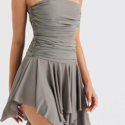 House of CB Valeria - Smoke Grey Gathered Asymmetric Mini Dress Size XS thumbnail 6
