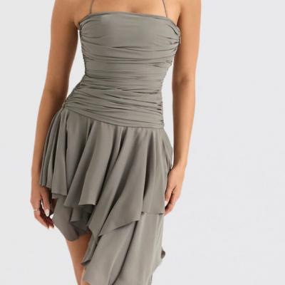 House of CB Valeria - Smoke Grey Gathered Asymmetric Mini Dress Size XS thumbnail 4